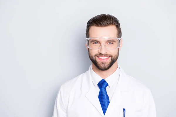 Retrato Científico Positivo Con Estilo Con Peinado Traje Blanco Con — Foto de Stock