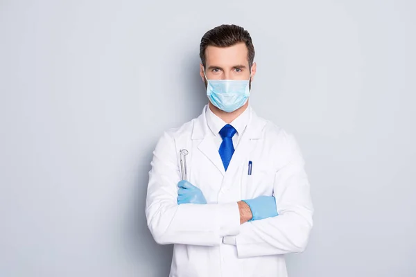 Portrait Attractive Handsome Dentist Hairstyle Protective Face Mask White Lab — Stock Photo, Image