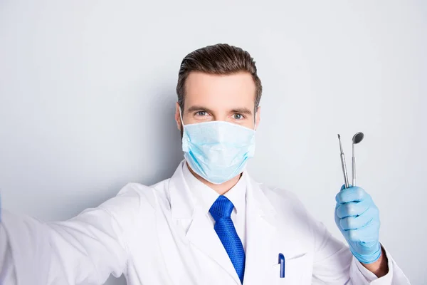 Self Portrait Successful Cheerful Dentist White Lab Coat Blue Tie — Stock Photo, Image