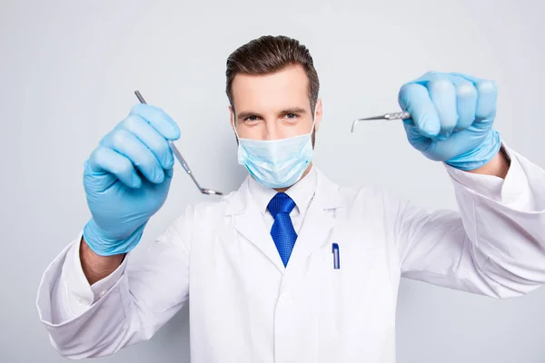 Portrait Attractive Hjandsome Dentist White Lab Coat Blue Tie Working — Stock Photo, Image