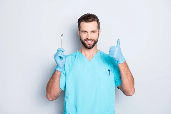 Portrait Joyful Cheerful Dental Assistant Lab Blue Uniform Gesturing Thumbup — Stock Photo, Image