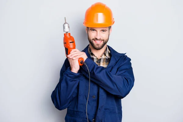 Retrato Alegre Reparador Positivo Sombrero Duro Protector Con Rastrojo Mostrando — Foto de Stock