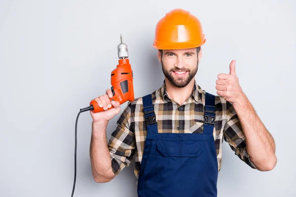 Retrato Alegre Reparador Alegre Sombrero Duro Protector Overoles Camisa Con — Foto de Stock