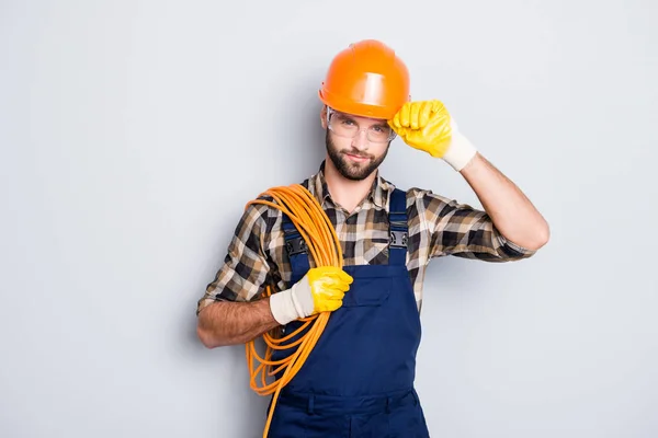 Retrato Electricista Viril Duro Con Cerdas General Camisa Habiendo Enrollado — Foto de Stock