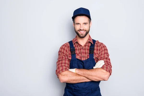 Retrato Mecánico Guapo Con Rastrojo Azul General Camisa Con Los — Foto de Stock