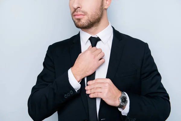 Cropped close up photo of attractive confident serious stunning man clothed in black jacket and white shirt, correcting his narrow tie, isolated on gray background
