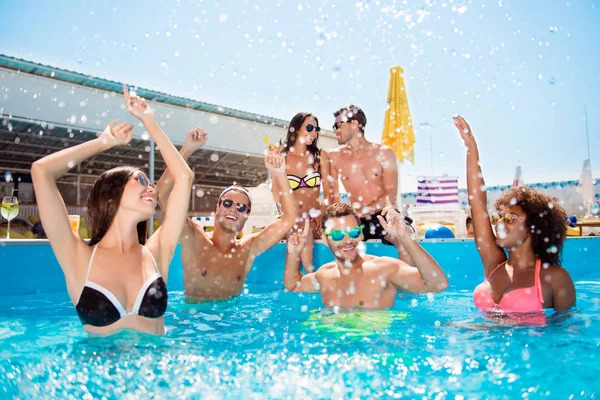 Cool lifestyle rich tourism travel event trip journey entertainment delight bonding concept. Crazy careless excited joyful sporty sexy with toothy smile friends move in pool. Love couple background