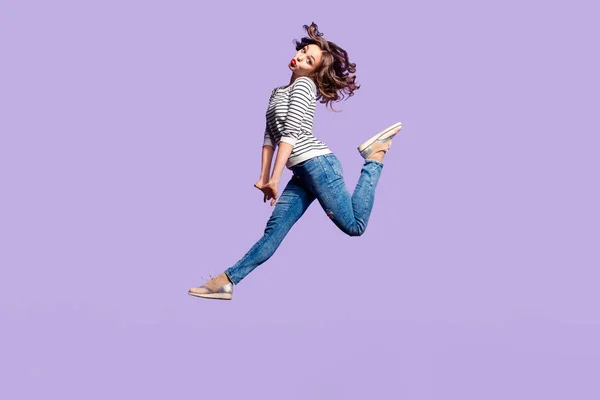 Portrait Lovely Foolish Girlfriend Jumping Air Blowing Kiss Pout Lips — Stok Foto
