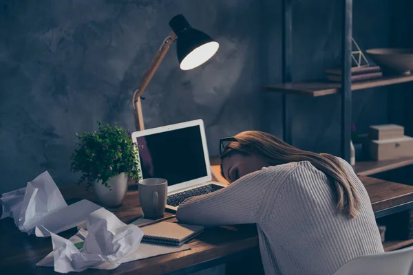 Portrait Sleepy Bored Accountant Sleeping Keyboard Sitting Desktop Work Place — Stock Photo, Image
