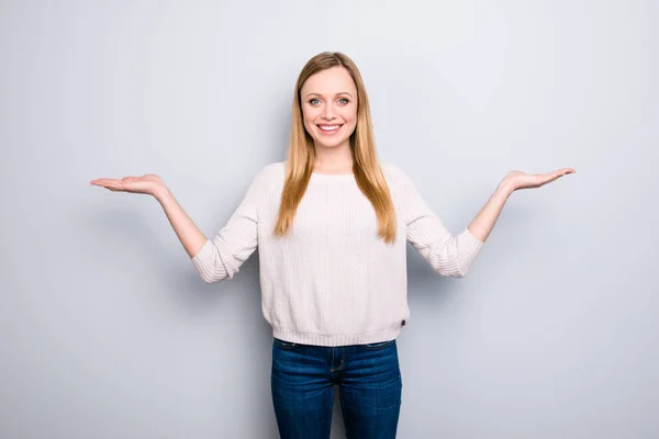 Portrait Stylish Trendy Girl Jeans Sweater Holding Two Copyspace Empty — Stock Photo, Image