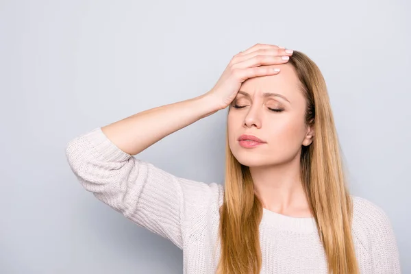 Portret Van Overwerkte Teleurgesteld Vrouw Gevoel Slecht Bedrijf Hand Het — Stockfoto