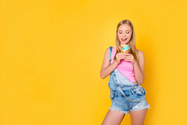 Portrait Tempting Sexy Girl Licking Her Upper Lip Looking Vanilla — Stock Photo, Image