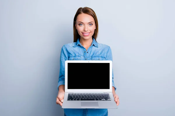 Portrait Copy Space Empty Place Modern Cheerful Girl Having Open — Stock Photo, Image