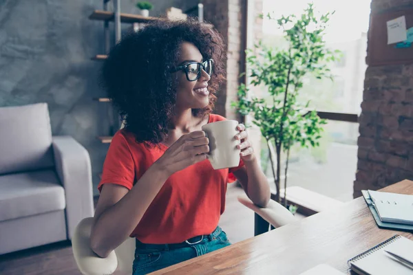 Portret Van Succesvolle Professionele Accountant Zit Bureaublad Moderne Kantoor Drinken — Stockfoto