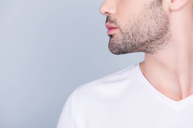 Advertising barbershop concept. Profile close up half face cropped portrait of handsome brunet  man with perfect stunning cut of his beard, in white t-shirt isolated on light grey background clipart