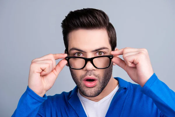 Portrait Amazed Man Looking Out Glasses Holding Eyelets Two Hands — Stock Photo, Image