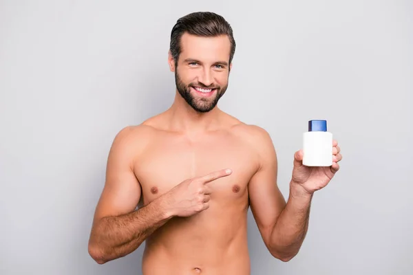 Advertisement Concept Attractive Model Joyful Cheerful Naked Muscular Guy Holding — Stock Photo, Image