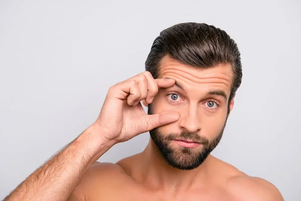 Muscular Manly Tired Man Open His Eye Widely Fingers Having — Stock Photo, Image