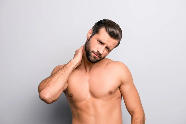 Portrait Handsome Sad Exhausted Tired Unhappy Shirtless Topless Upset Bearded — Stock Photo, Image