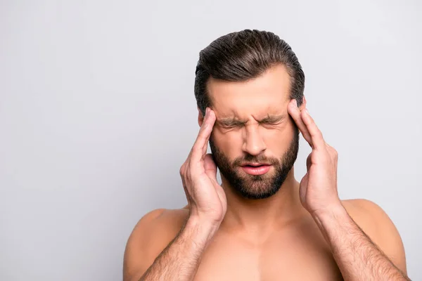 Close Portrait Sad Unhappy Upset Stressed Grimacing Bearded Topless Torso — Stock Photo, Image