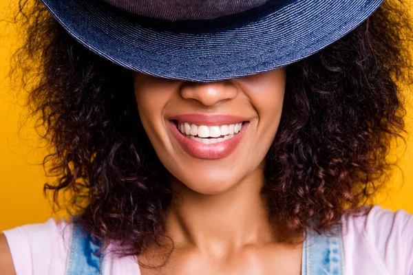 Closeup Cropped Portrait Cheerful Positive Girl White Straight Teeth Hiding — Stock Photo, Image