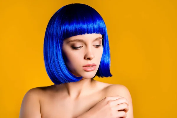 Portrait Sensual Attractive Woman Blue Wig Having Perfect Smooth Soft — Stock Photo, Image