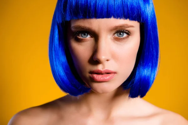 Close Cropped Portrait Charming Pretty Girl Blue Wig Modern Hairdo — Stock Photo, Image