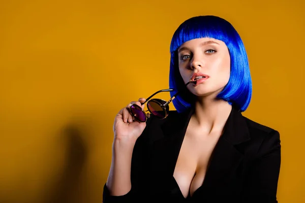 Portrait Copyspace Empty Place Hottie Luxury Girl Bright Blue Wig — Stock Photo, Image