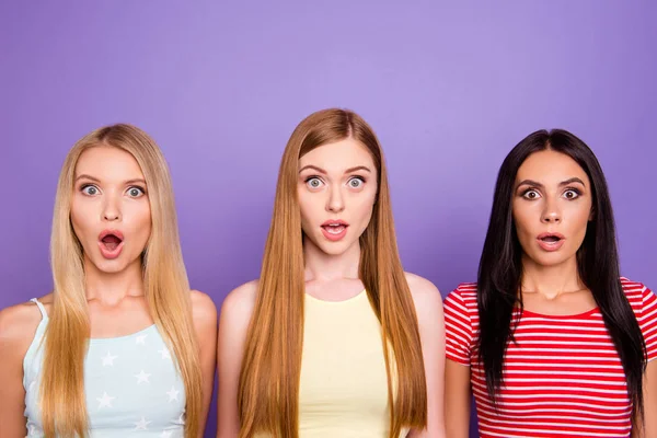 Wtf Portrait Shocked Astonished Trio Wide Open Mouth Eyes Long — Stock Photo, Image