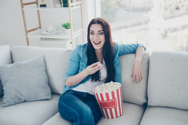 Portrait Positive Toothy Woman Jeans Outfit Watching Comedy Having Bucket — Stock Photo, Image