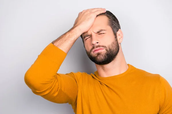 Close Portrait Frustrated Unhappy Suffering Terrible Migraine Bearded Man Touching — Stock Photo, Image