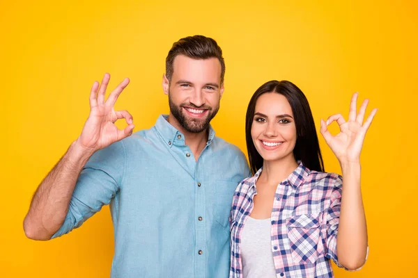 鮮やかな黄色の背景に分離されて の標識を身振りで示すカジュアルなシャツを着てハグ肯定的なうれしそうなカップルの肖像画 広告コンセプト — ストック写真