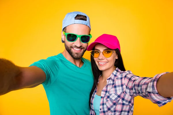 Self Portrait Stylish Trendy Students Modern Eyeglasses Colorful Headwear Shooting — Stock Photo, Image