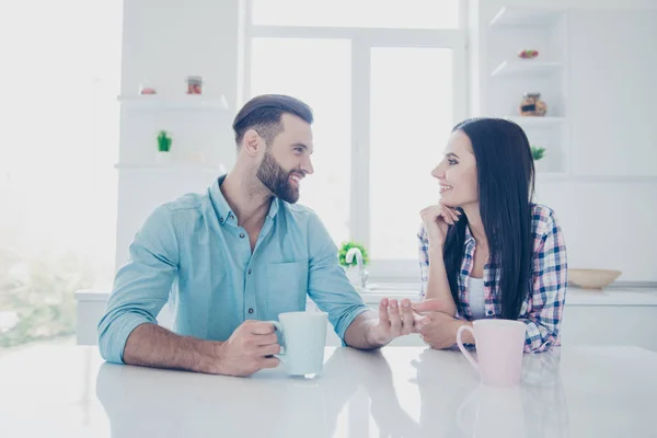 Portrait Positive Couple Sitting Modern White Kitchen Drinking Tea Sharing — Stock Photo, Image