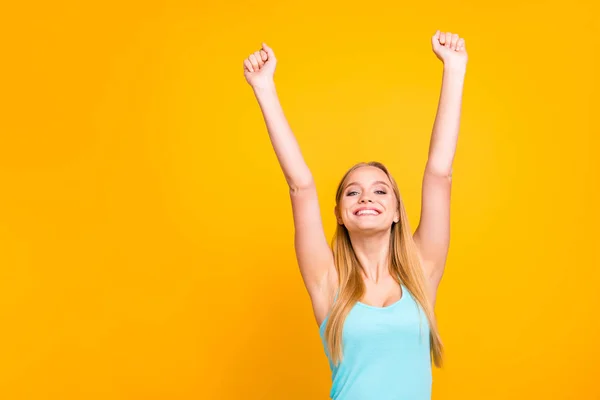 Happy Young Girl Blue Shirt Raised Her Hands Looked Happy — Stock Photo, Image