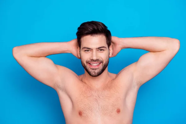 Young Handsome Naked Man Keeps His Hands Head Taking Shower — Stock Photo, Image