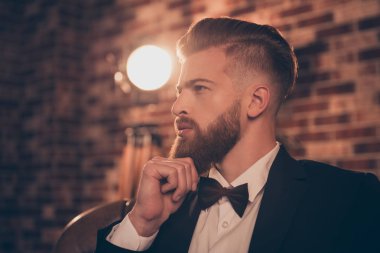 Dandy brutal classic style project start-up model lifestyle rich wealthy leisure freelancer worker concept. Half-faced view portrait of handsome classy posh virile masculine pensive man touching chin clipart