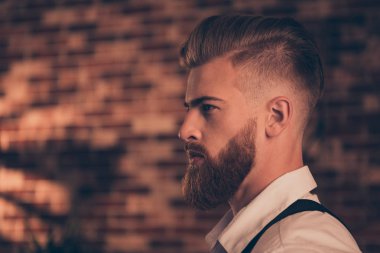 Half-faced close up side view portrait of handsome stunning virile masculine professional successful pensive serious focused attractive powerful authoritative gut wearing classic clothes copy-space clipart