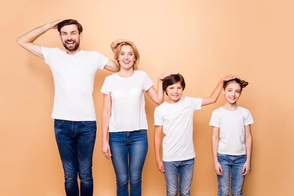Portrait of young beautiful family, bearded father, blonde mother and their little children wearing jeans and white T-shirts, standing in order of hierarchy, placing hands of heads of each other — Stock Image Portrait Young Beautiful Family Bearded Father Blonde Mother Little Children Stock Picture