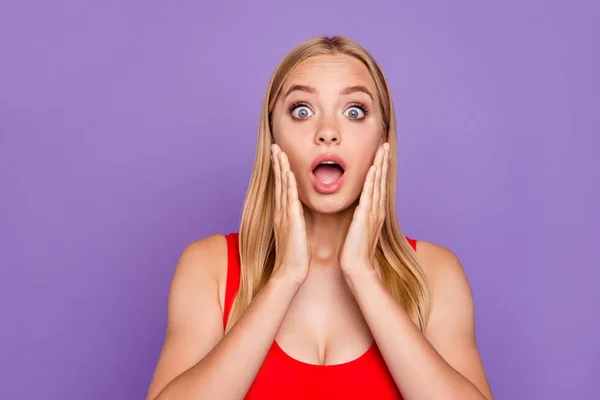 Portrait Attractive Shocked Blonde Gorgeous Girl Wearing Red Swim Suit — Stock Photo, Image