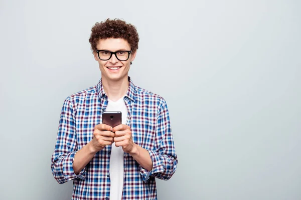 Portrait Happy Smart Intelligent Student Man Holding Smartphone Hands Smile — Stock Photo, Image