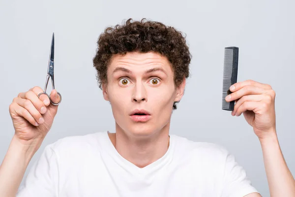 Surprised Face Young Brunette Guy Who Holds Scissors Haircut Comb — Stock Photo, Image