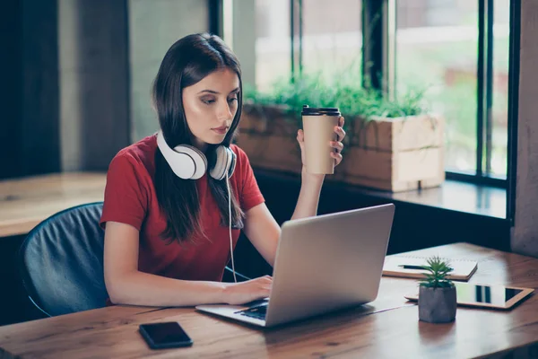 Concentrado freelancer chica comprueba el puesto de trabajo y respuestas le — Foto de Stock