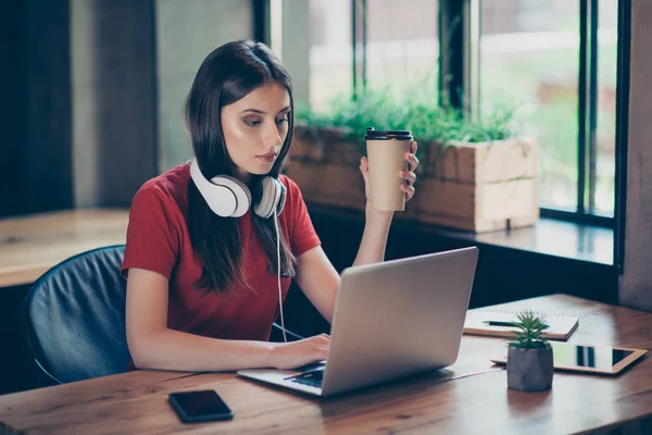 Menina Freelancer Concentrado Verifica Posto Trabalho Responde Cartas Laptop Sentado — Fotografia de Stock