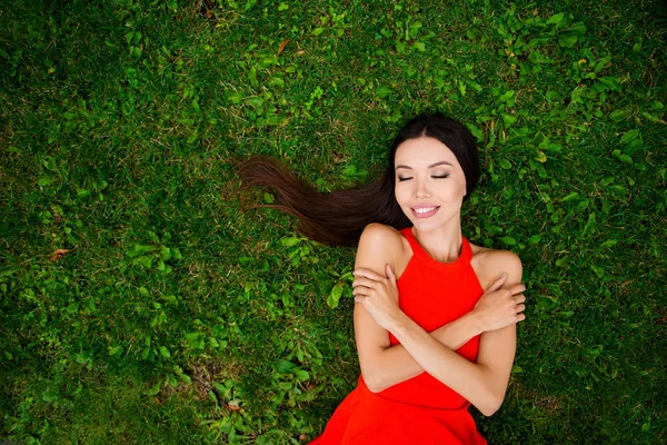 Caring Yourself More Important Any Business Asian Girl Red Dress — Stock Photo, Image