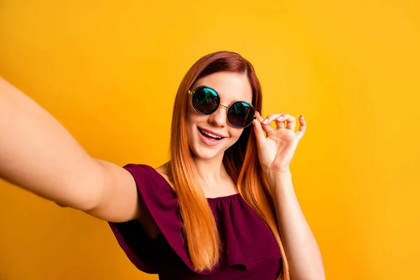 Self-portrait of red straight-haired attractive cute nice cheerf — Stock Photo, Image