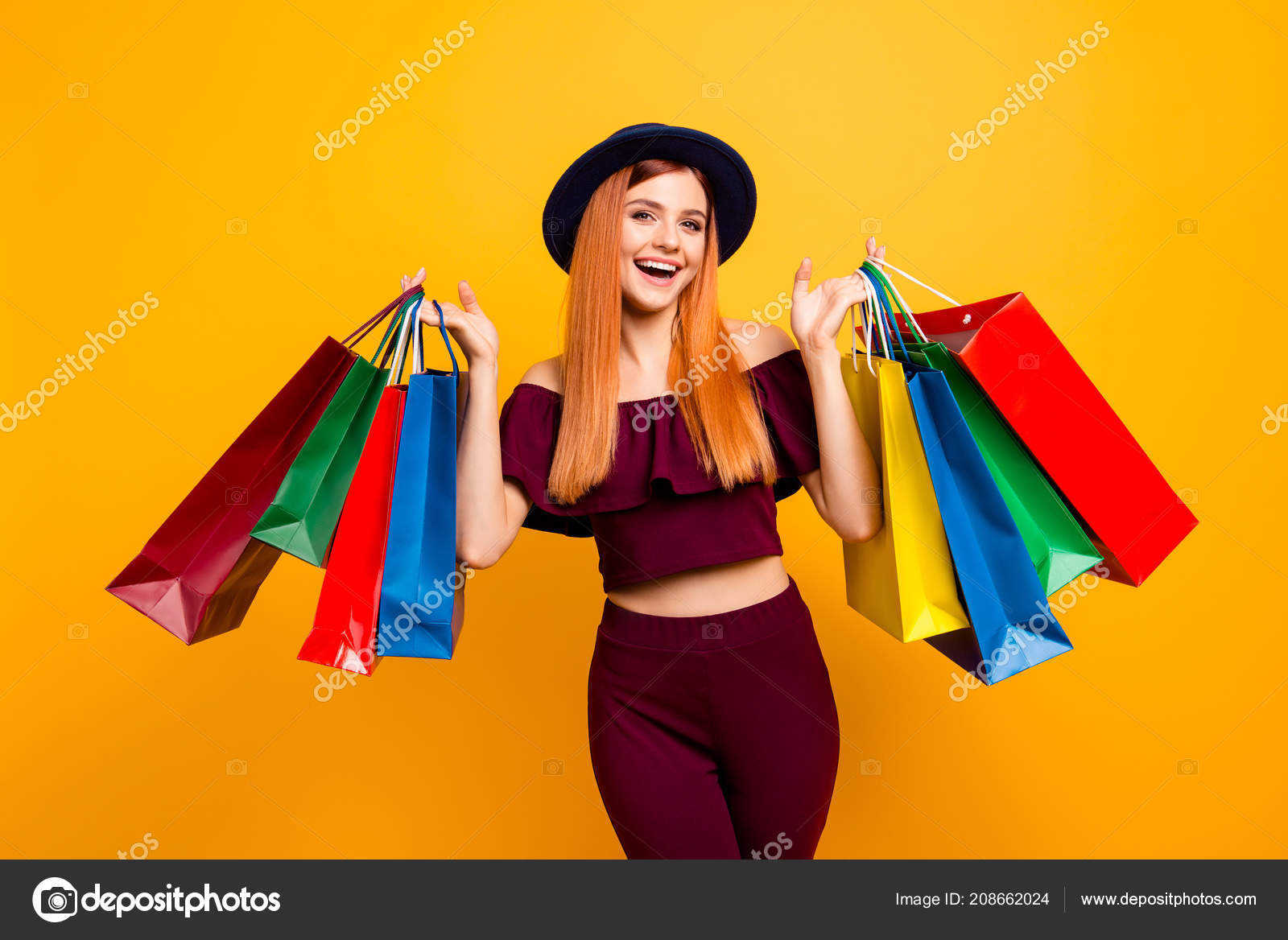 Portrait, fashion and woman with shopping bags pointing in studio isolated  on a png background. Black Friday discount, face and happy female customer  with gifts after buying at mall for sales deals.