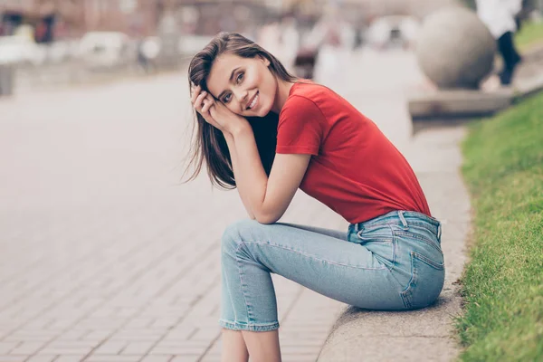 Nice charming attractive cute young cheerful smiling girl outdoo — Stock Photo, Image