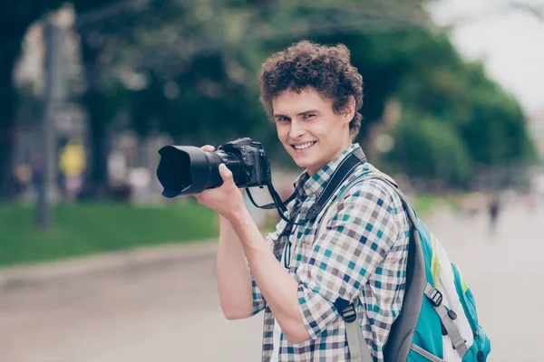 Curly Haired Cheerful Cute Attractive Handsome Smiling Guy Blogger Cam — Stock Photo, Image