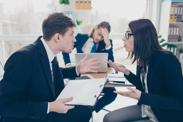 Three elegant classic business sharks, partners in suits having — Stock Photo, Image